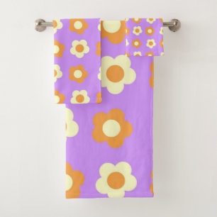 Preppy Purple Orange Floral Simple Flower Pattern Bath Towel Set