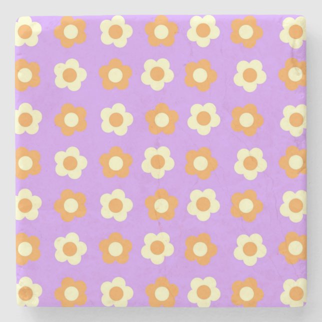 Preppy Purple Orange Floral Simple Flower Pattern Stone Coaster (Front)