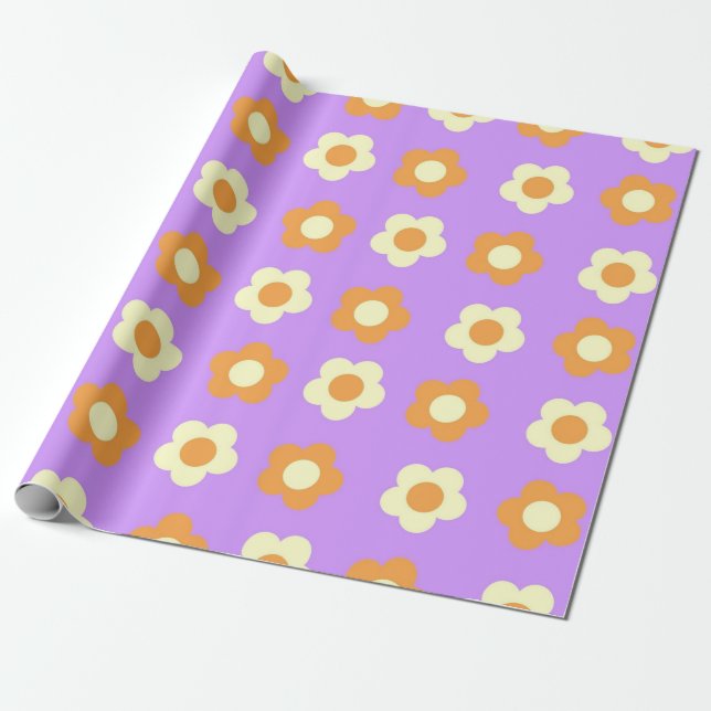 Preppy Purple Orange Floral Simple Flower Pattern Wrapping Paper (Unrolled)