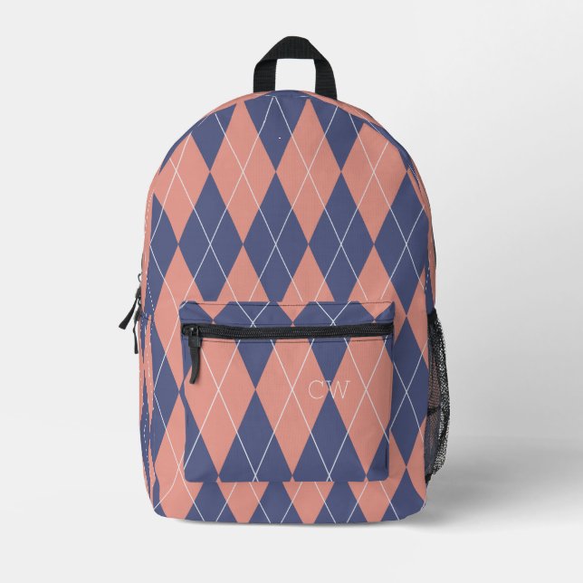 Preppy Purple Pink Argyle Print Monogram Initials Printed Backpack (Front)