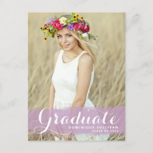 Preppy Purple Watercolor Overlay Photo Graduation Announcement Postcard