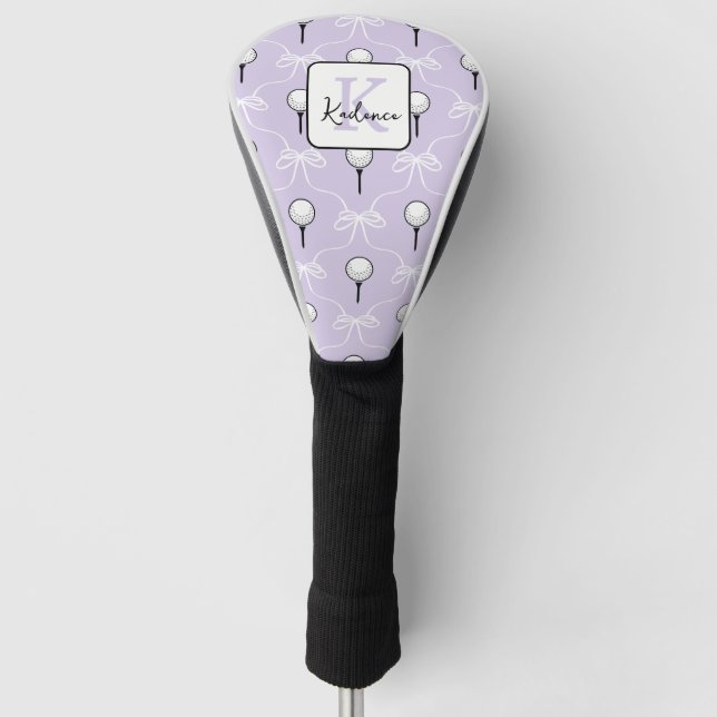 Preppy Purple White Bow Pattern Monogram  Golf Head Cover (Front)