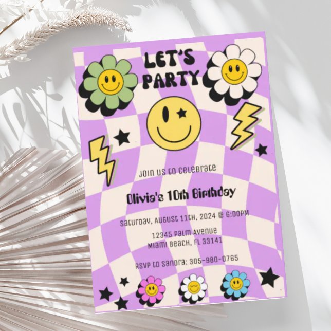 Preppy Purple Y2K Retro Happy Face Party Birthday Invitation (Creator Uploaded)