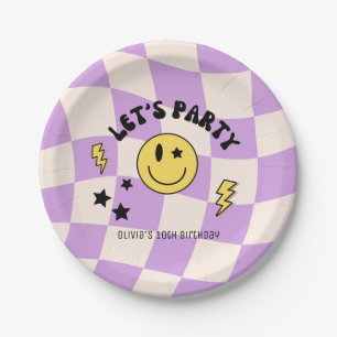 Preppy Purple Y2K Smiley Birthday Paper Plate