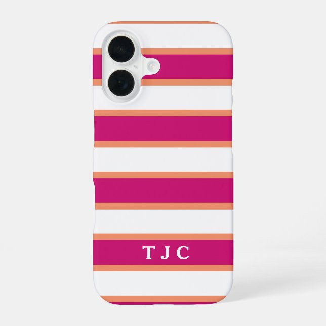 Preppy Raspberry Pink Stripe Monogram iPhone 16 Case (Back)