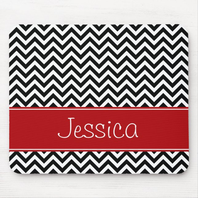 Preppy Red and Black Chevron Zigzag Personalised Mouse Pad (Front)