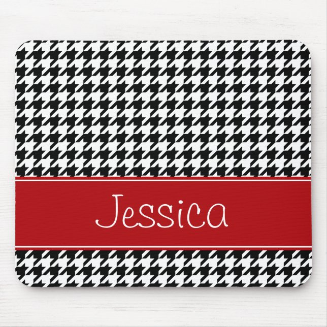 Preppy Red and Black Houndstooth Personalised Mouse Pad (Front)