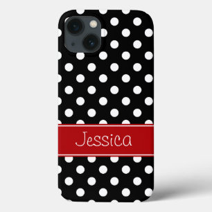 Preppy Red and Black Polka Dots Personalised iPhone 13 Case