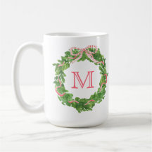 Preppy red and green monogrammed Christmas Wreath
