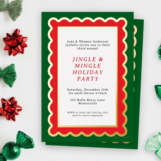 Preppy Red and Green Simple Scalloped Christmas (A scalloped holiday party invitation feels festive and bold in Christmas shades of red and green)