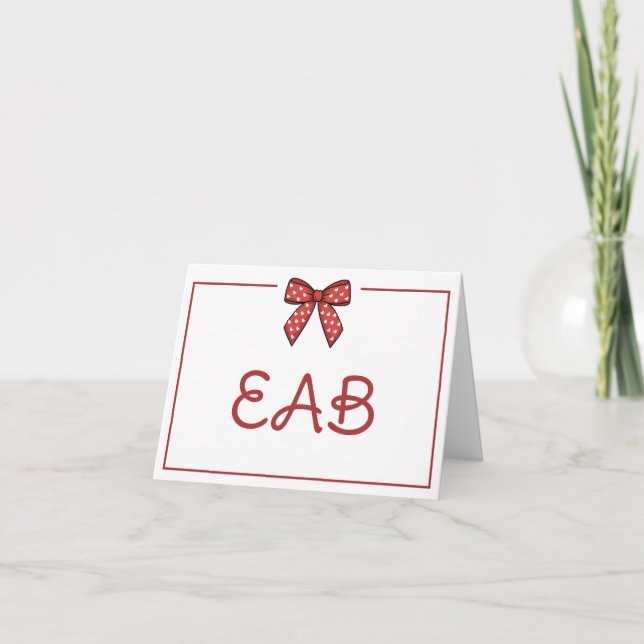 Preppy Red and White Heart Bow Monogram Note Card (Front)