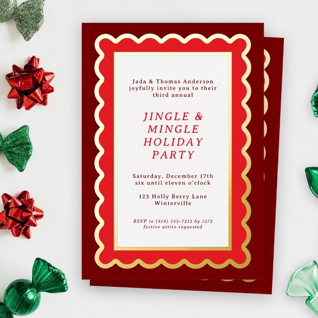Preppy Red and White Simple Scalloped Christmas (A scalloped holiday party invitation feels festive and bold and bright in shades of Christmas red)