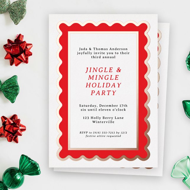 Preppy Red and White Simple Scalloped Christmas (A scalloped holiday party invitation feels festive and bold and bright in Christmas red and white)