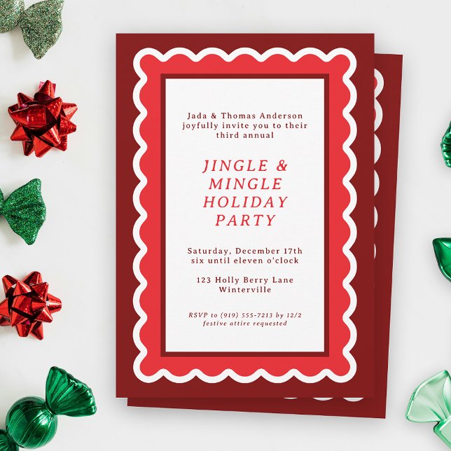 Preppy Red and White Simple Scalloped Christmas Invitation (A scalloped holiday party invitation feels festive, bold and bright in shades of Christmas red)