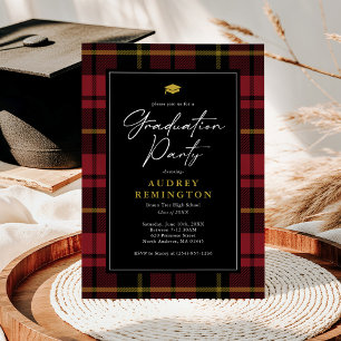 Preppy Red Black Yellow Tartan Graduation Invitation