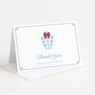 Preppy Red Bow Monogram Christmas Bridal Shower Thank You Card
