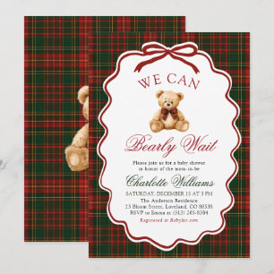 Preppy Red Christmas Plaid Teddy Bear Baby Shower Invitation