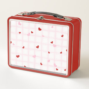 Preppy Red Hearts Pink Grid Aesthetic Lunch Box