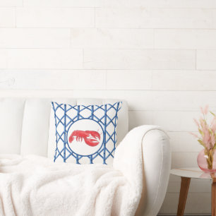 Preppy Red Lobster Blue Trellis Bamboo Pattern  Cushion