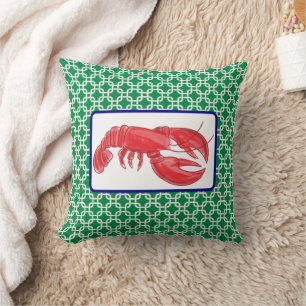 Preppy Red Lobster Green White Link Pattern Cushion