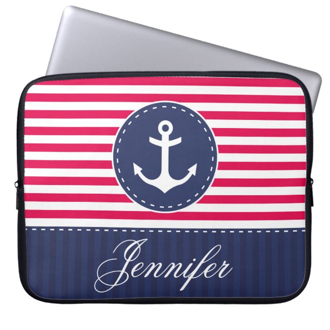 Preppy Red Navy Nautical Anchor Custom Name Laptop Sleeve (Front)