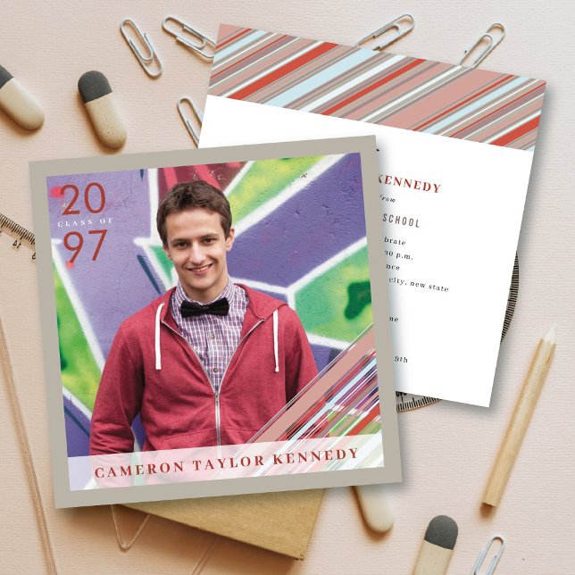 Preppy Red Pin Stripes Photo Graduation Party Invitation (Creator Uploaded)