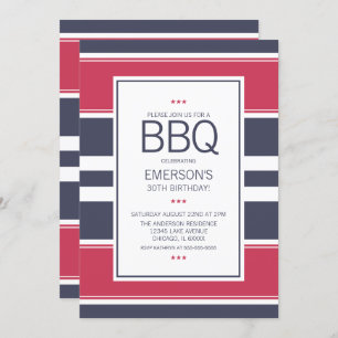 Preppy Red,White and Blue BBQ Birthday Invitation