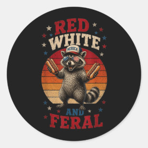 Preppy Red White And Feral Racoon 4th Of July Men Classic Round Sticker