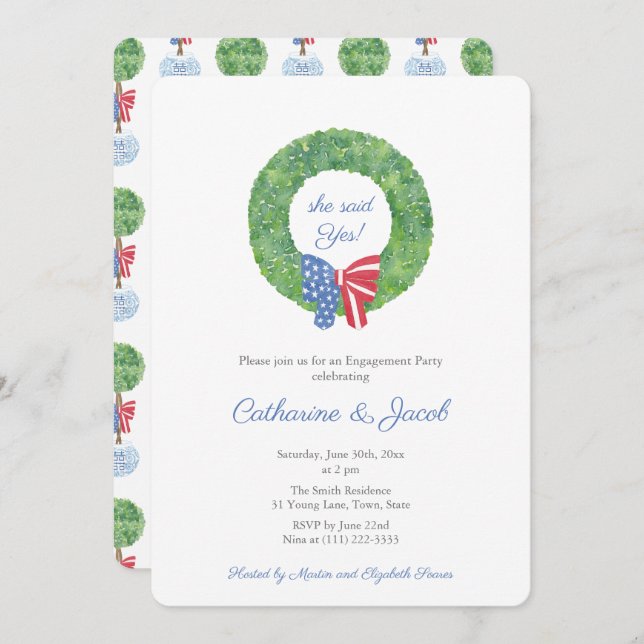 Preppy Red White Blue Outdoors Engagement Party Invitation (Front/Back)
