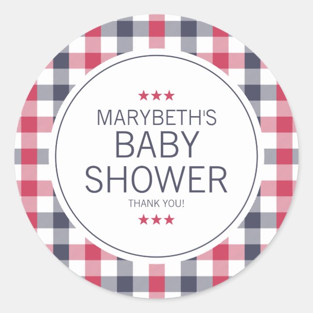 Preppy Red, White & Blue Plaid Baby Shower Classic Round Sticker (Front)