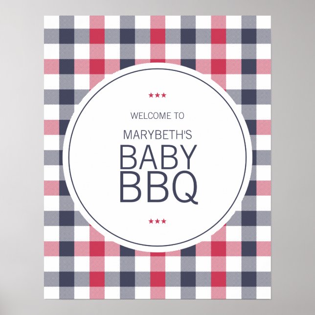 Preppy Red White & Blue Plaid Baby Shower Welcome Poster (Front)