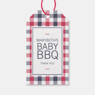 Preppy Red, White & Blue Plaid BBQ Baby Shower Gift Tags
