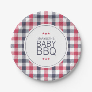 Preppy Red, White & Blue Plaid BBQ Baby Shower Paper Plate