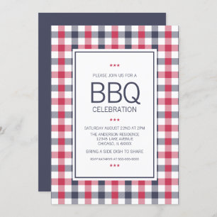 Preppy Red,White & Blue Plaid BBQ Party Invitation