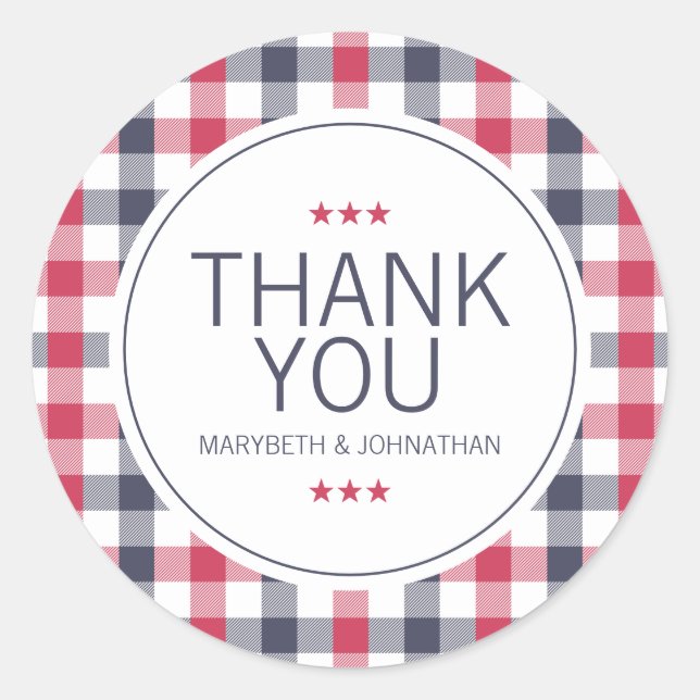 Preppy Red, White & Blue Plaid Thank You Classic Round Sticker (Front)