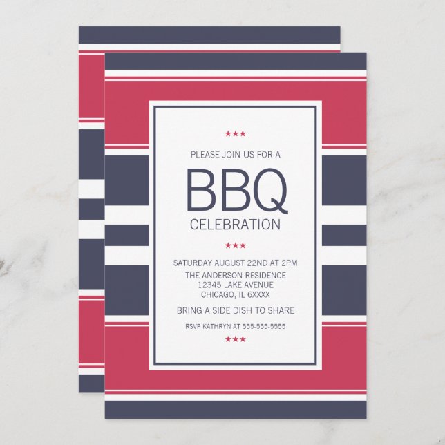Preppy Red,White & Blue Stripe BBQ Invitation (Front/Back)