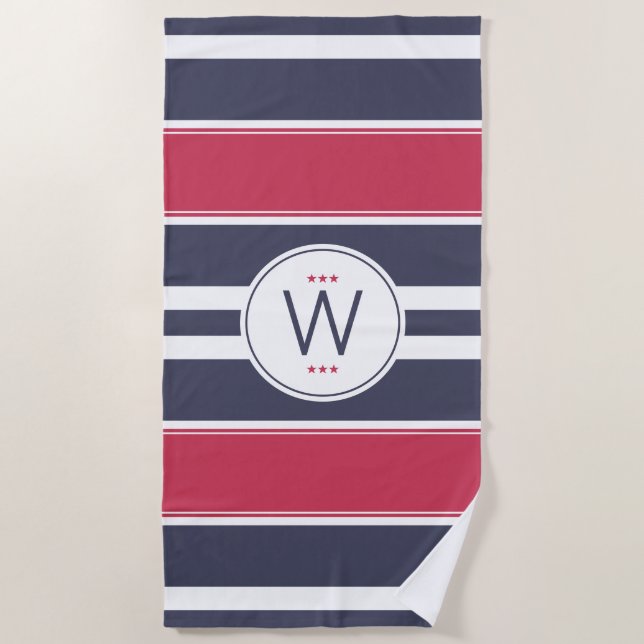Preppy Red,White & Blue Stripe Beach Towel (Front)