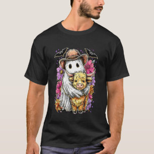 Preppy Retro Floral Highland Cow and Ghost Western T-Shirt