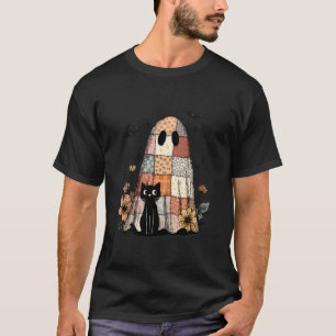 Preppy Retro Floral Patchwork Ghost and Black Cat T-Shirt