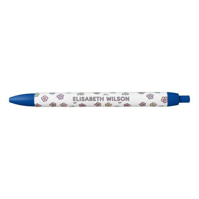 Preppy Retro Groovy Floral Black Monogram  Ink Pen (Front)