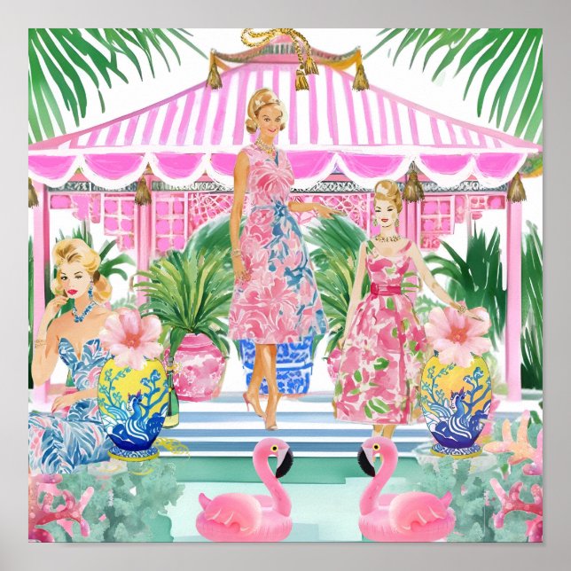 Preppy Retro Palm Beach Pool Party Poster (Front)