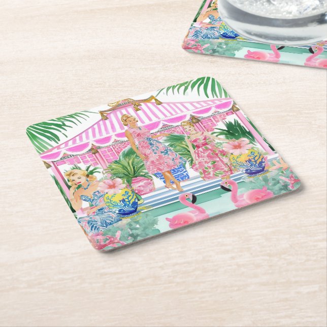 Preppy Retro Palm Beach Pool Party Square Paper Coaster (Angled)