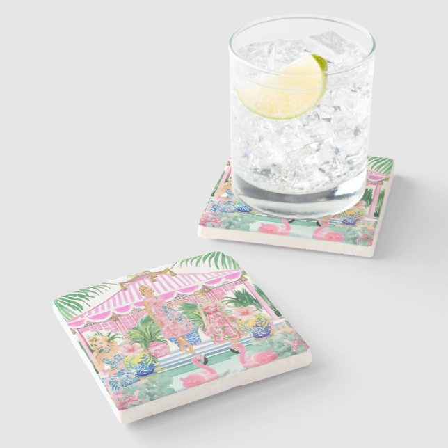 Preppy Retro Palm Beach Pool Party Stone Coaster (Side)