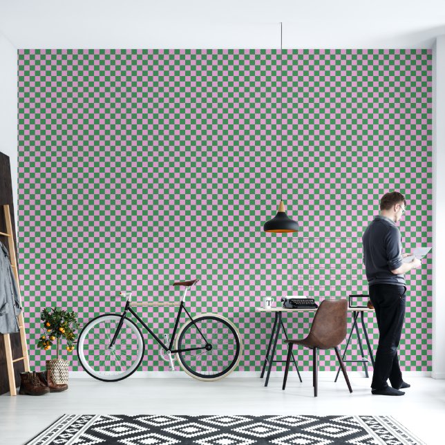 Preppy Retro Pink and Green Geometric Chequerboard Wallpaper (Living Room)