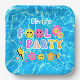Preppy Retro Y2K Pool Party Happy Face Birthday Paper Plate