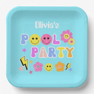 Preppy Retro Y2K Pool Party Happy Face Birthday Paper Plate