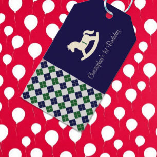 Preppy Rocking Horse Argyle 1st Birthday Gift Tags