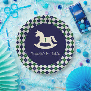 Preppy Rocking Horse Argyle 1st Birthday Paper Plate