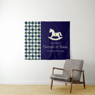 Preppy Rocking Horse Argyle 1st Birthday Tapestry