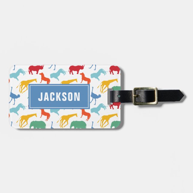 Preppy Safari Animal Personalise Silhouette Boy Luggage Tag (Front Horizontal)